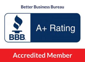 bbb logo with a+ rating and red bar stating cds is an accredited member