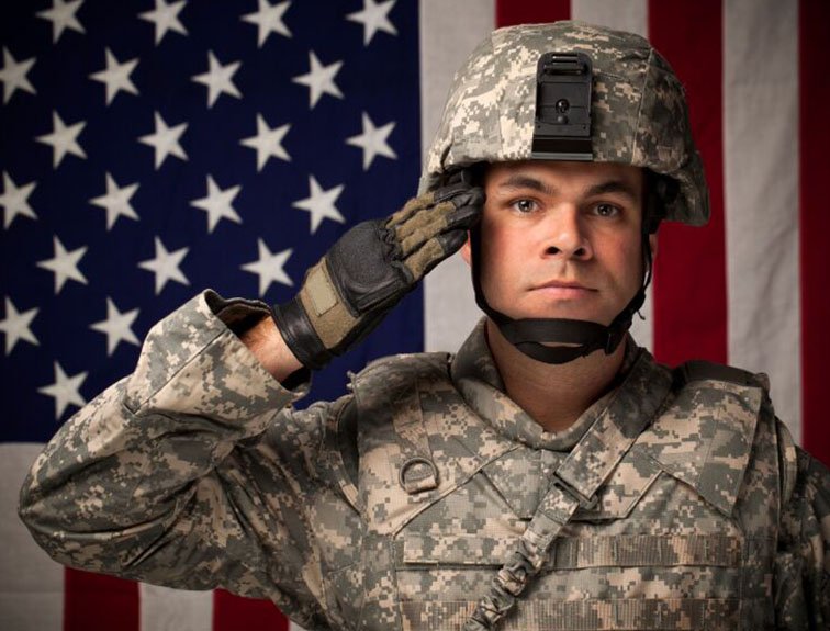 Image of military soldier saluting in front of the American flag