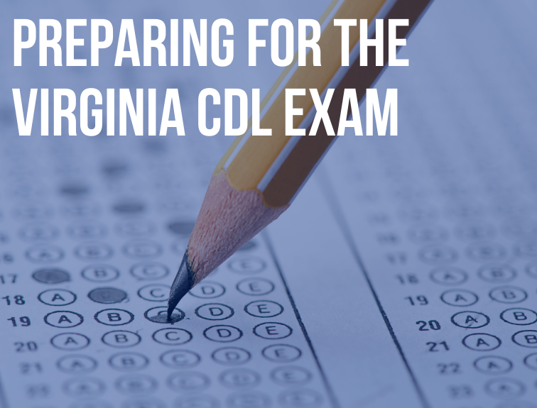 Image of a pencil filling in multiple choice test. Text over image reads: "Preparing for the Virginia CDL Exam"