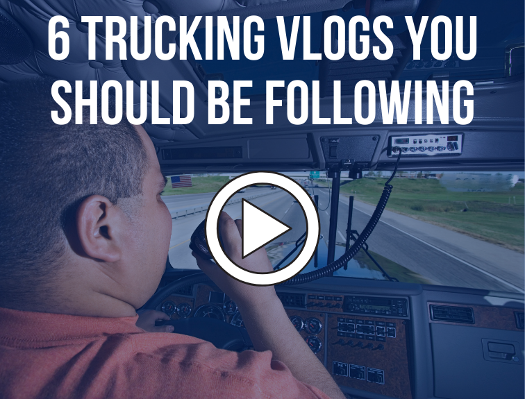 Image of truck driver behind the wheel of a big rig talking on the radio. Text over image reads "6 trucking vlogs you should be following"