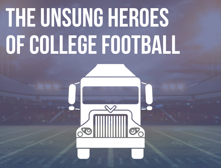 Image of football stadium with overlay of a graphic of semi. Text over image reads: "The Unsung Heroes of College Football" and a truck icon on top